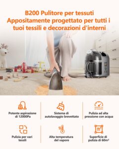 Uwant B200 - Dispositivo di pulizia per tappezzeria, 1900 W, con funzione di pulizia a vapore, adatto per tappeti, divani, tende e vestiti, volume del suono: 74 dB, potenza di aspirazione: 12000 Pa - Image 2